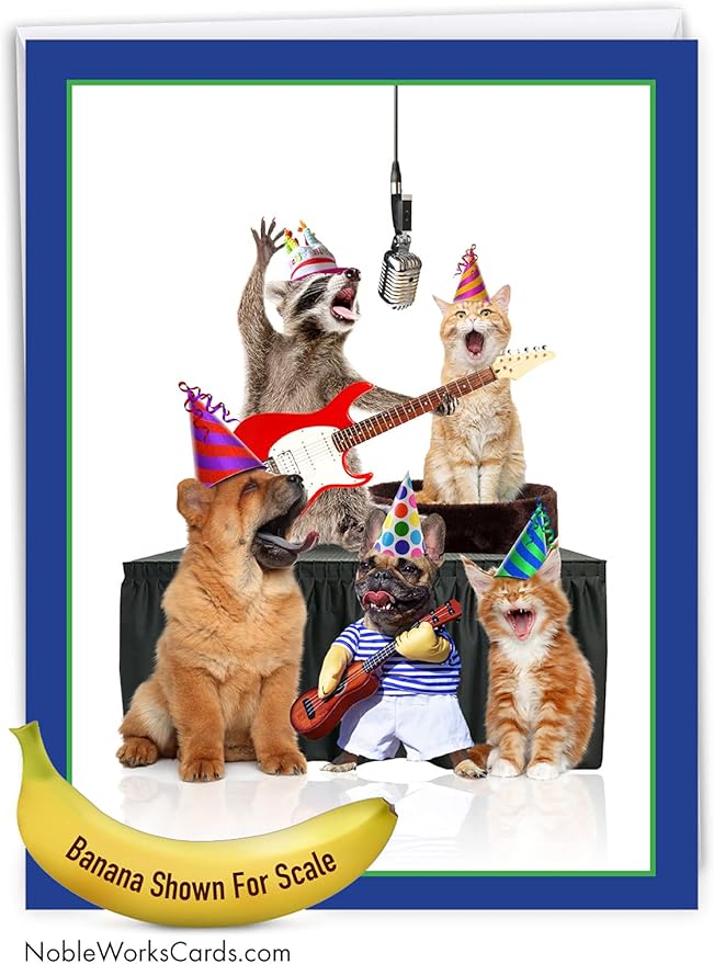 NobleWorks - Hilarious Happy Birthday Card with Envelope (8.5 x 11 Inch) - Funny Animal Greeting Card From All Of Us - Animal Bands - Gang J9508CBDG-US