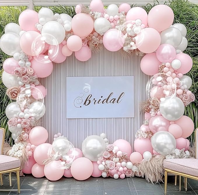 Pearl Pink White Balloon Arch Double Stuffed Pastel Light Pink White Cream Balloon Garland Kit with Bobo Balloons for Birthday Wedding Bridal Baby Shower Mother's Day Bachelorette Party Decor