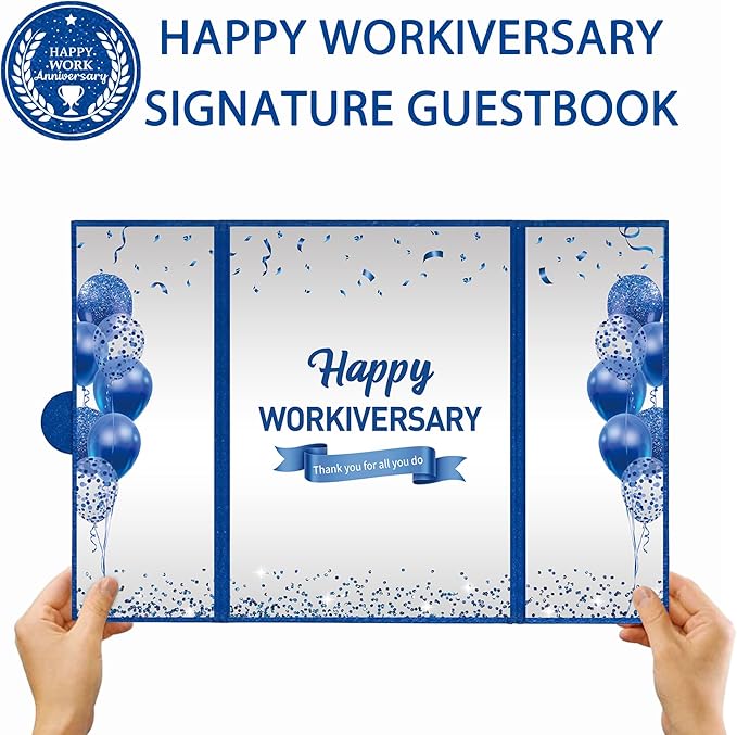 DARUNAXY Blue Silver Happy Workiversary Party Decorations, Navy Blue Happy Work Anniversary Alternative Signature Guest Book for Men Women Employee Business Gifts Signing Card Board for Office Supply