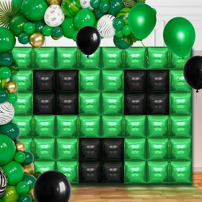 50PCS Video Game Square Balloon Arch Garland Kit, Green Black Double Sided Square Foil Balloons Wall Backdrop for Anniversary Bachelorette Halloween Party Decor