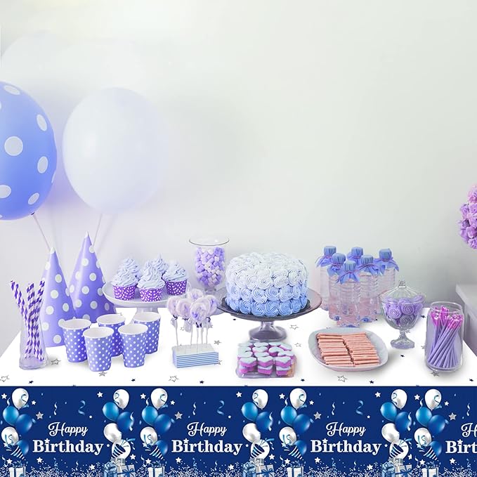 3 Pack Navy Blue Party Supplies Happy Birthday Tablecloths Disposable Rectangle Plastic Table Covers Blue and Silver Confetti Stars Tablecloths for Kids Boys Girls Birthday Party Decorations 54x108''