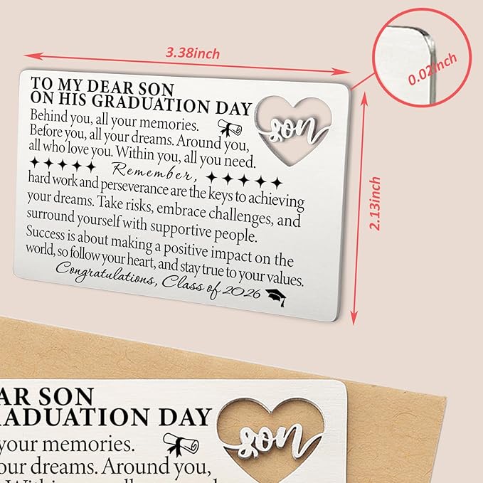 Graduation Wallet Card for Son from Mom, Class of 2026 Laser-Engraved Stainless Steel Insert with Heart Cutout, Inspirational Postcard Keepsake, Graduation Day Gift for Him High School College QBK13