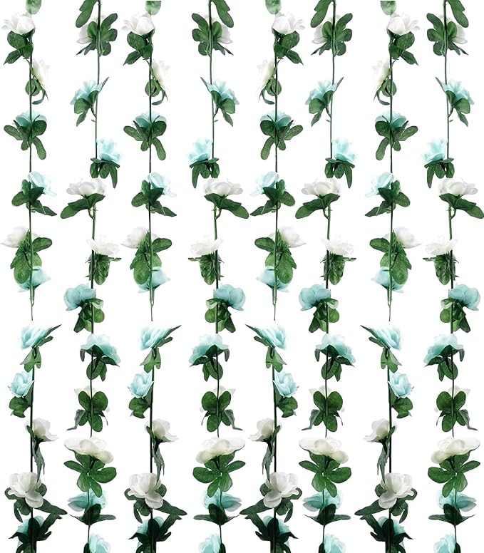 Miracliy 8Pcs 66FT Blue Flower Garland, Artificial Rose Floral Vines Fake Hanging Spring Flower Garland for Wall Backdrop Wedding Arch Tea Party Door Mantle Decoration (Each Pcs 8.2FT)