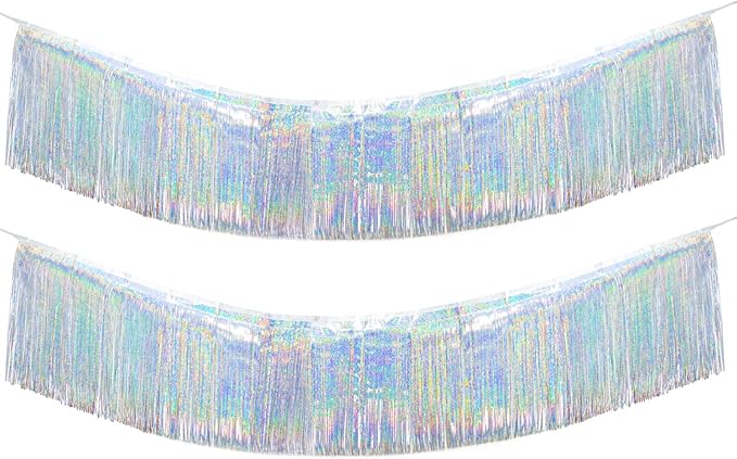 Premium Glitter Silver Fringe Tinsel Garland for Party Decorations -4 Layers Thick, 2 Pack | LILF Foil Metallic Banner Party Streamers for Wedding Birthday Christmas Decoration Home Hanging