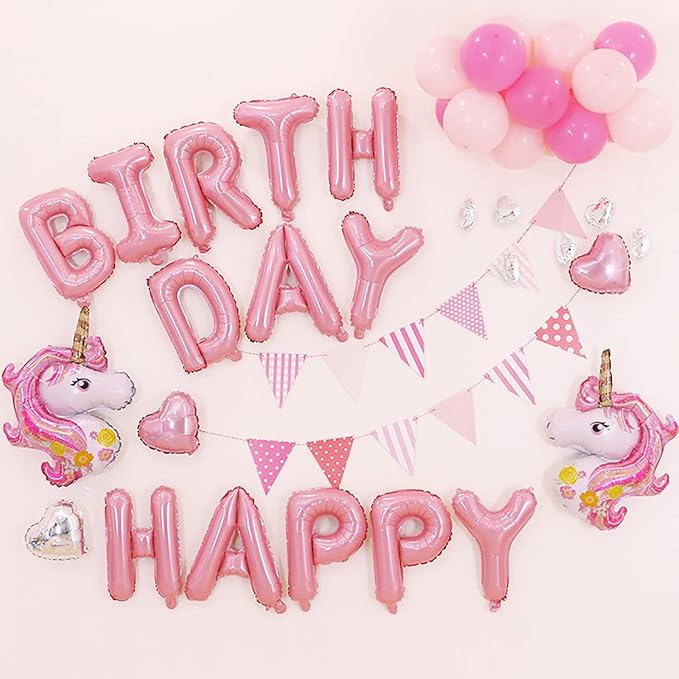 KALOR Pink Happy Birthday Balloons Banner, 16 Inch Mylar Foil Letters Balloon Sign for Birthday Party Decorations Photo Booth Backdrop