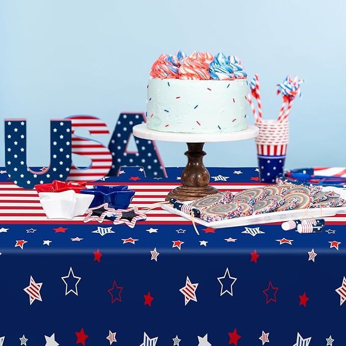 QZYL 4 Pack 4th of July Decorations, 54" x 108" USA Plastic Table Cloth, Tear Resistant Patriotic Tablecloth Fourth of July Tablecloths American Tablecover, Red White Blue Party Supplies