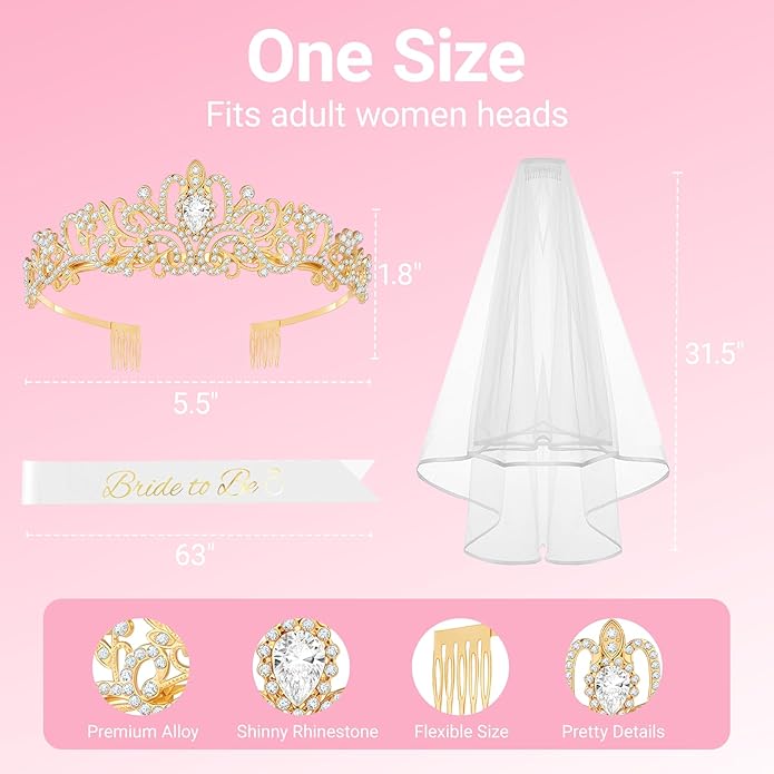 3Pcs Bride to Be Crown with Sash and Veil for Bachelorette Party Decorations, Bridal Shower Accessories for Gift, Favors