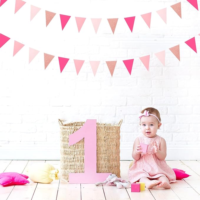 Hot-Pink Rose-Gold Party Decorations Banner - 2pcs Wedding Bridal Shower Hanging Paper Pennant Flags Streamers,Baby Girl Birthday Bachelorette Engagement Mohters Decor Lasting Surprise
