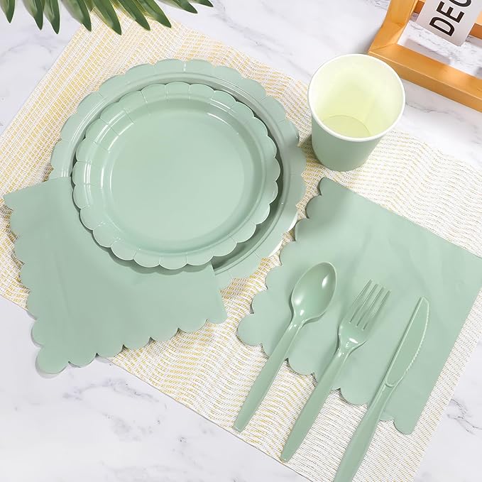 175 Pcs Party Plates and Cups and Napkins Sets, 9" Easter Plates, 7" Dessert Plate, 9oz Cups & Cutlery, 25 Guest Scalloped Sage Green Party Supplies for Easter, Bridal Baby Shower, Birthday