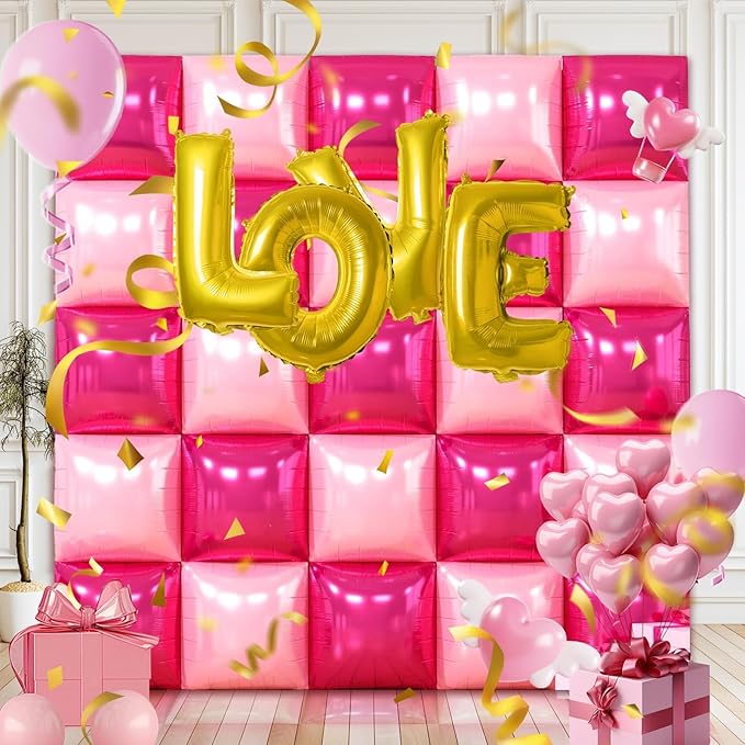 50 PCS Hot Pink Square Foil Balloons, Reusable Double Sided Mylar Balloons for DIY Balloon Arch & Wall Backdrop, Ideal for Wedding Birthday Bachelorette Graduation Baby Shower Party Decorations