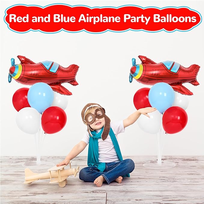 Airplane Birthday Party Balloons Stand Kit 2 Sets with 2 Plane Helicopter Foil Balloons Red Blue White Balloon Centerpiece for Tables for Adventure Time Flies Birthday Baby Shower Party Decoration