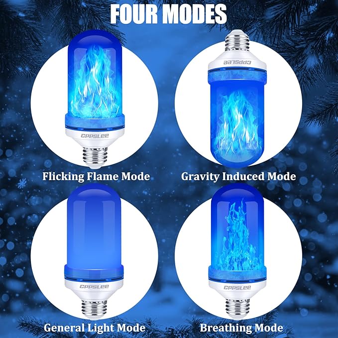 CPPSLEE Upgraded LED Flame Light Bulbs, 4 Modes Flickering Light Bulbs, E26 Base Fire Flame Bulb for Halloween Decorations Outdoor, Christmas Lights Patio Indoor Home Decor (Blue, 2 Pack)