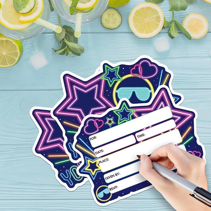ERHACHAIJIA 15 PCS Let's Glow Crazy Glow Sticks Shaped Fill-In Invitations Cards With Envelopes, Funny Glow Neon Party Birthday Disco Raves Concert Camping Party Invites for Teen Boys Girls Adults