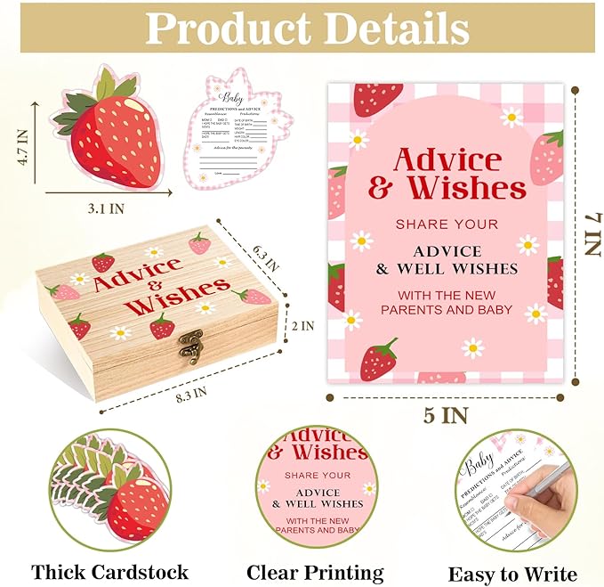 52 Pcs Strawberry Baby Shower Advice and Wishes Cards Box Set, 50 Strawberry Double Sided Advice Cards with Wooden Keepsake Box for Parents To Be, Pink Well Wishes Box for Baby Shower Birthday Party