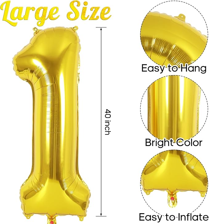 Gold Number 1 Balloon 40 Inch, Big Large Foil Helium Number Balloons, Jumbo Giant Mylar Number 1 Balloons for 1st first Birthday Party Decorations Supplies Anniversary