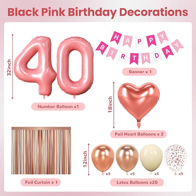 40th Birthday Decorations for Women, Rose Gold and Pink Party Supplies Set with Happy 40th Banner, Number 40 Balloon and Foil Fringe Curtains, 40 Year Old Kit