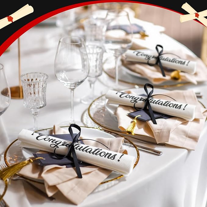 100 Set Graduation Congratulation Guest Napkins Black Rolled Silverware Disposable Grad Award Dinner Napkin with Ribbon and Scissors for Celebration