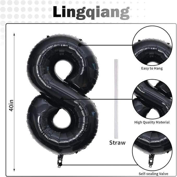 80th Birthday Balloons Black for Women, 40 Inch Giant Mylar Foil Number 80 Self Inflating, Digit 8 & 0 Helium Men Anniversary Party Decorations Supplies