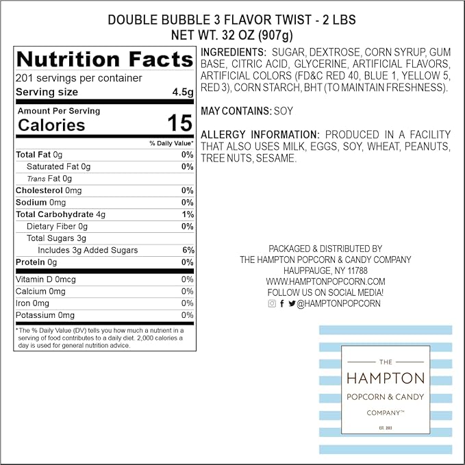 Double Assorted Fruit Flavored Bubble Gum - 5 Pound Bulk Bag (Approx. 350 Pieces) - Individually Wrapped Gum - The Hampton Popcorn & Candy Company (Assorted Fruit Flavored - Multi Colored)