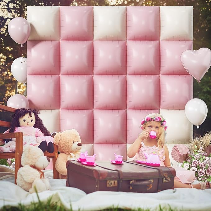 Pink Cream Balloons Square Foil Balloon, 25PCS Boho Baby Pink and Matt White Double Sided Foil Balloon Backdrop Wall Beige Flat Tunnel Background for Girls Women Birthdays Baby Shower Bridal Wedding