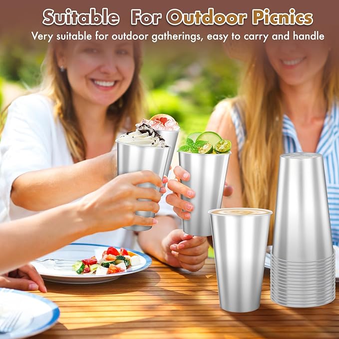 Disposable Plastic Cups 50 Pcs 16oz Silver Drinking Cup. These Disposable Cups for Both Hot and Cold Drinks, Including Coffee and Cocktails. Ideal for Weddings, Birthdays, Parties, and Picnics