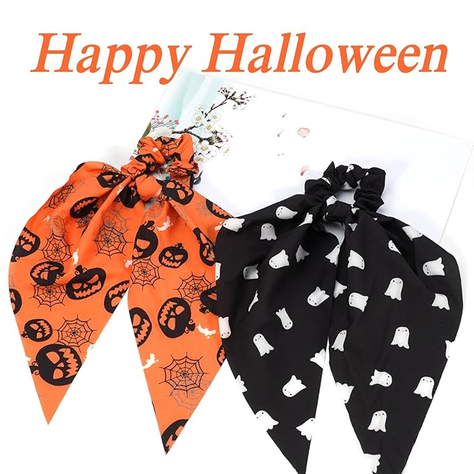 Halloween Hair Ties for Woman Girls Ghost Pumpkin Bat Hair Scrunchies Spooky Spider Web Elastic Ribbon Bow Hair Tie Halloween Party Supplies Hair Accessories 2PCS