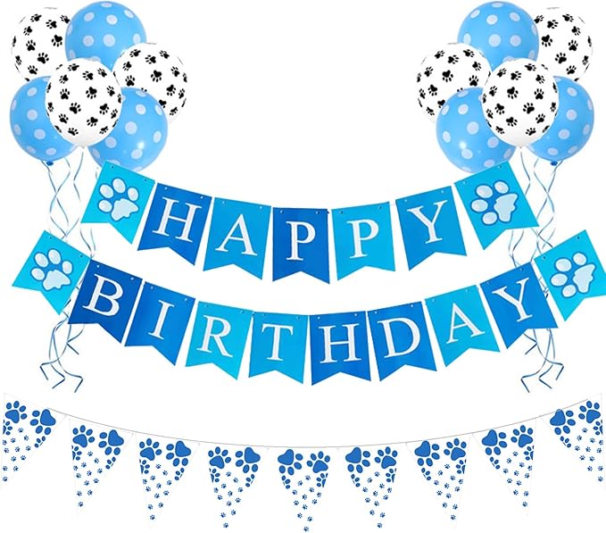Dog Themed Puppy Paw Balloons Happy Birthday Party Banner for Girls & Women DIY Party Supplies (Blue Banner+Latex Balloon)