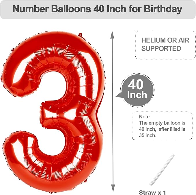 3 Birthday Balloon, 40 Inch 3 Year Old Balloon for Birthday Party Decoration, Red Number 3 Ballon for 3, 13, 23, 38 Celebration, Men and Women, Wedding, Anniversary Decor