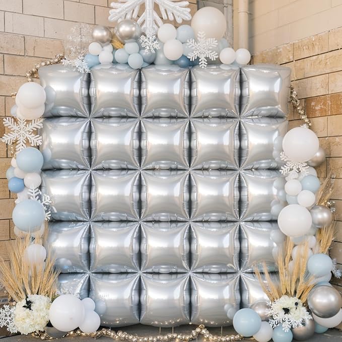Silver Square Foil Balloons Wall, 25PCS Double Sided Metallic Chrome Silver Foil Square Balloon Backdrop Flat Tunnel Background for Birthdays Graduation Baby Shower New Year Eve Anniversary Engagement