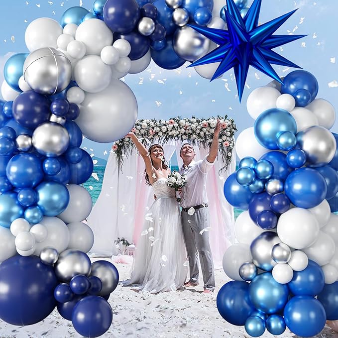 94Pcs Blue Balloon Garland Arch Kit Navy Blue Silver White Balloons Garland Kit with Metallic 4D Star Foil Balloon Birthday Party Balloons for Boys Men Baby Shower Wedding Graduation Party Decoration