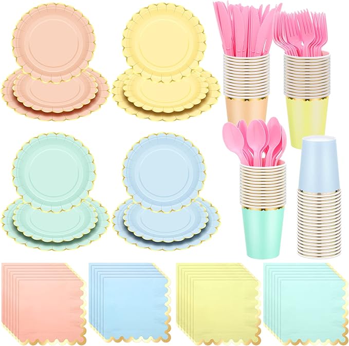 Yaomiao 168 Pcs Pastel Scalloped Paper Plates Cups Napkin with Gold Foil Pastel Disposable Dinnerware Set Easter Party Supplies Serve 24 Guests Princess Birthday Party Baby Shower Decorations