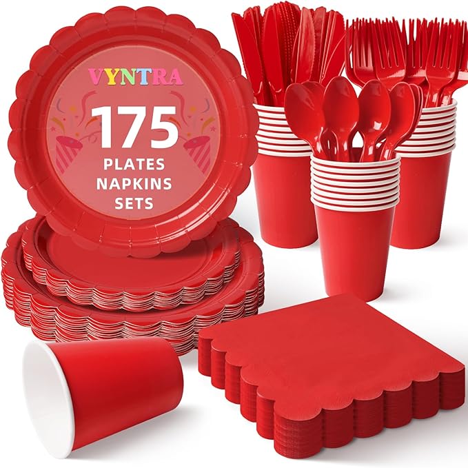Vyntra 175 Pcs Red Disposable Paper Plates and Napkins Set for 25, 9" Dinner Plates & 7" Dessert Plates, Tableware for Christmas, Valentine’s Day, Birthday, Party