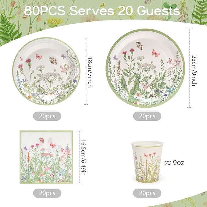 80pcs Wildflower Party Plates Disposable Tableware Set Green Paper Plates for 20 Guests Kids Party Spring Summer Picnic Wedding Tea Party Table Supplies (Include Plates, Cups and Napkins)