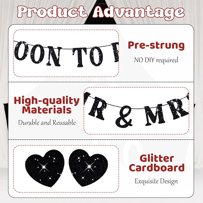 Soon To Be Mr & Mrs Sign, Bridal Shower Banner, Pre-Strung Black Glitter Wedding Shower Decorations, Couples Shower Decorations for Mantle Hanging Sign Engagement Banner