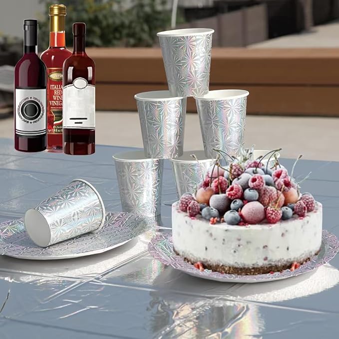 201-piece disposable party tableware set with paper plates, cups, napkins, straws, tablecloths, plastic knives, forks and spoons for a variety of party occasions for up to 25 people (Silver Snowflake)