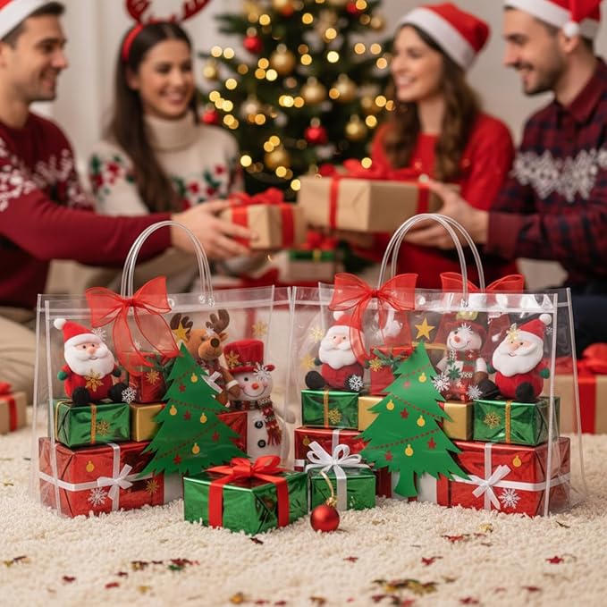 Henoyso 8 Pcs Christmas Clear Gift Bags Plastic Candy Treat Goodie Bags Red Foil Santa PVC Wrap Totes with Handles and Ribbon Xmas Party Favors (Christmas Tree,Socks,16x 6x 12 Inch)