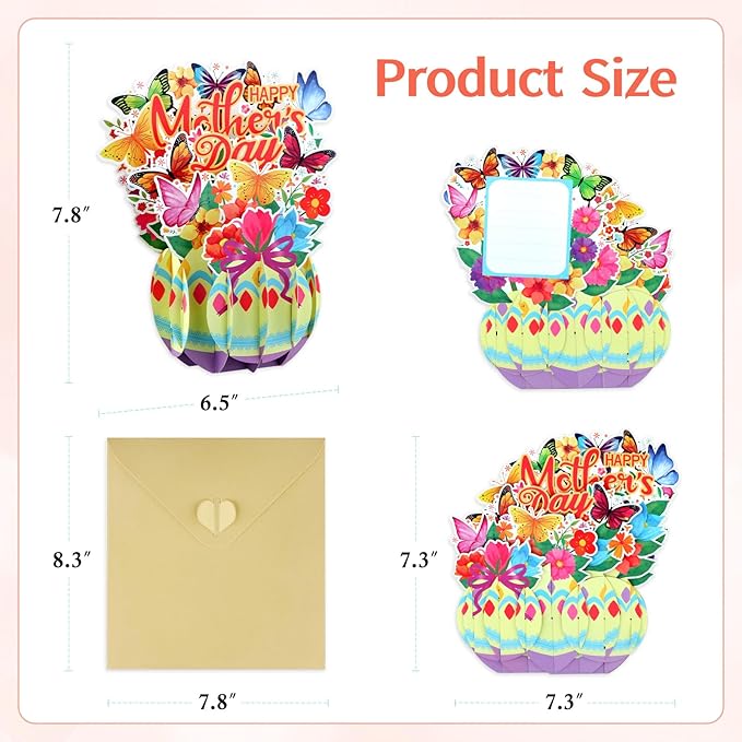 FaCraft Pop Up Mothers Day Cards - Large 7.8" Handmade Happy 3D Mothers Day Card with Butterflies & Flowers - Unique Standing Art Sculpture for Mom Grandma Wife - with Envelope