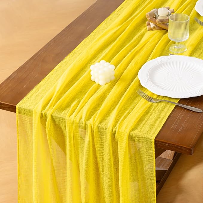 Socomi 6pcs Yellow Cheesecloth Table Runner Easter Spring Gauze 120 Inch Rustic Boho Cheese Cloth Runner for Wedding Party Baby Bridal Shower Centerpiece Decoration Holiday Home Decorations