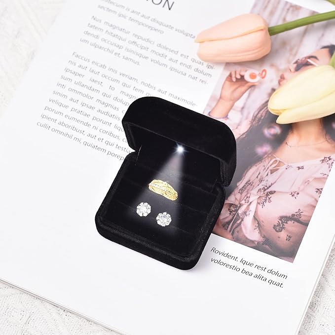 Velvet Metal Glossy Double Slot with LED Jewelry Gift Box for Proposal, Engagement, Wedding - Easy to fit into Your Pocket or Handbag - Black