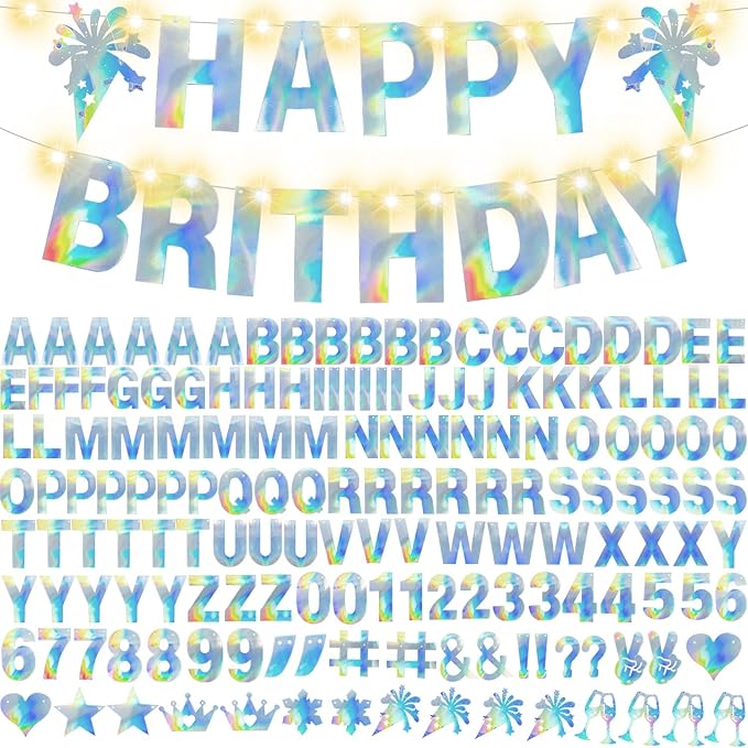 175Pcs Glitter Customizable Banner Kit DIY Custom Letter Banners DIY Happy Birthday Letters 0-9 Numbers Kids Baby Shower Personalized Banner Wedding Birthday Party Decoration Supplies(Shiny Holografic)