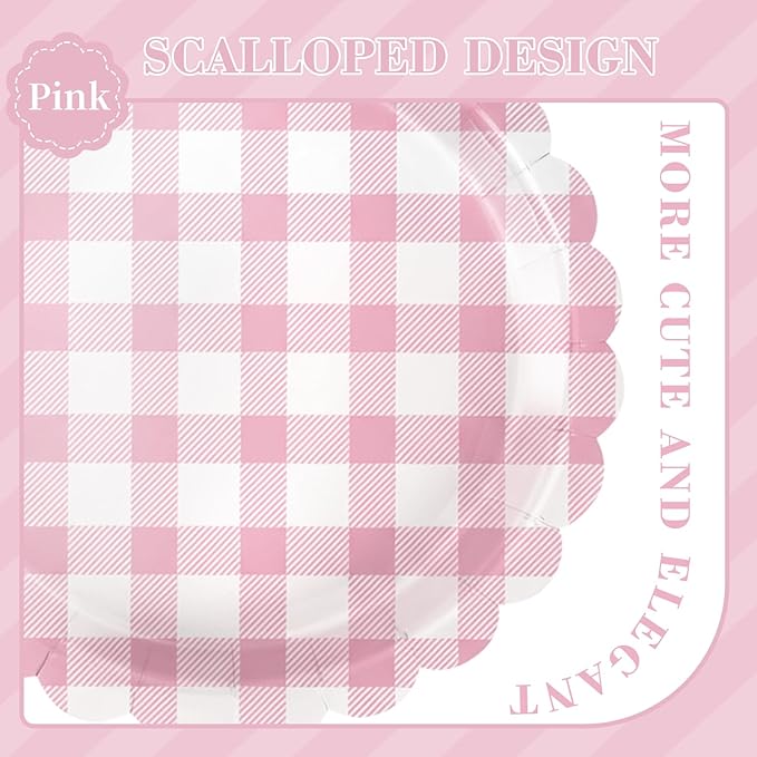 175 PCS Pink Gingham Party Supplies Includes Pink Gingham Paper Plates, Cups, Napkins, Cutlery for Baby & Bridal Shower, Wedding, Birthday Party, Outdoor Picnic, Serves 25