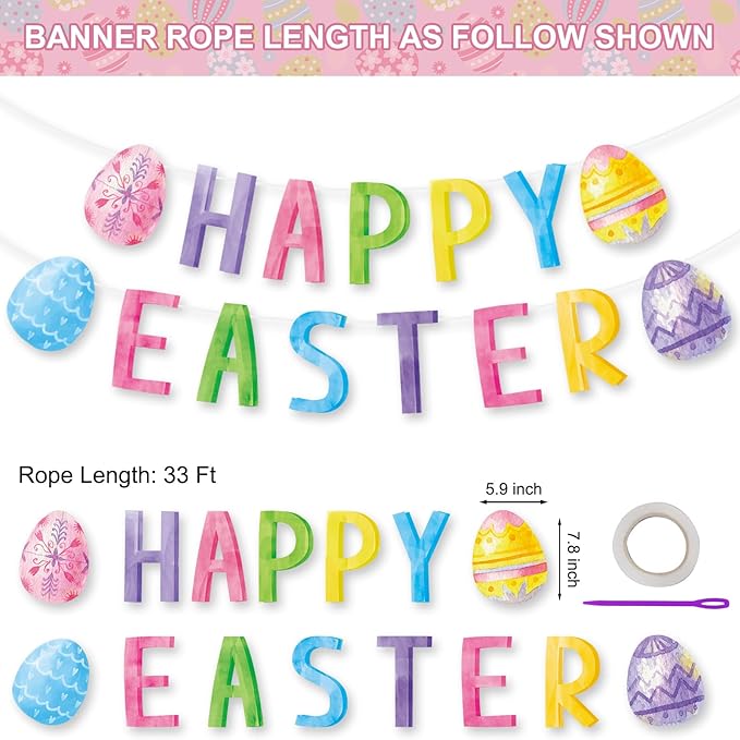 Happy Easter Decorations Banner - DIY Paper Eastesr Banners, Spring Watercolor Eggs Sign Garland Backdrop for 2026 Easter Indoor Outdoor Home Office Fireplace Wall Party Decor Supplies Favors Props