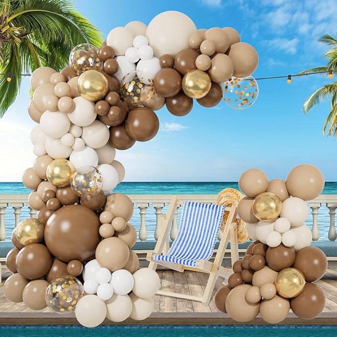 CboDeco Brown Balloon Garland Arch Kit 141PCS Brown Boho Neutral White Gold Latex Metallic Confetti Balloons for Safari Neutral Bear Baby Shower Birthday Party Decorations