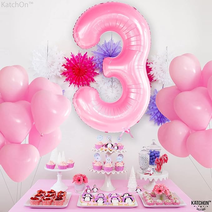 KatchOn, Large Pink Number 3 Balloon - 40 Inch | Mylar Foil Balloon For 3rd Happy Birthday Decorations | Pink Number 3 Balloon For 3rd Anniversary Decorations | Birthday Party Decoration