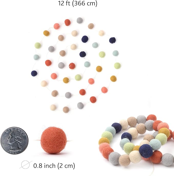 Glaciart One Felt Ball Garland - Pom Pom Garland - 12 Feet, 40 Balls, 9 Gender Neutral Colors, Nursery Decor, Bunting, Birthday Party Decorations, Easter, Photo Prop
