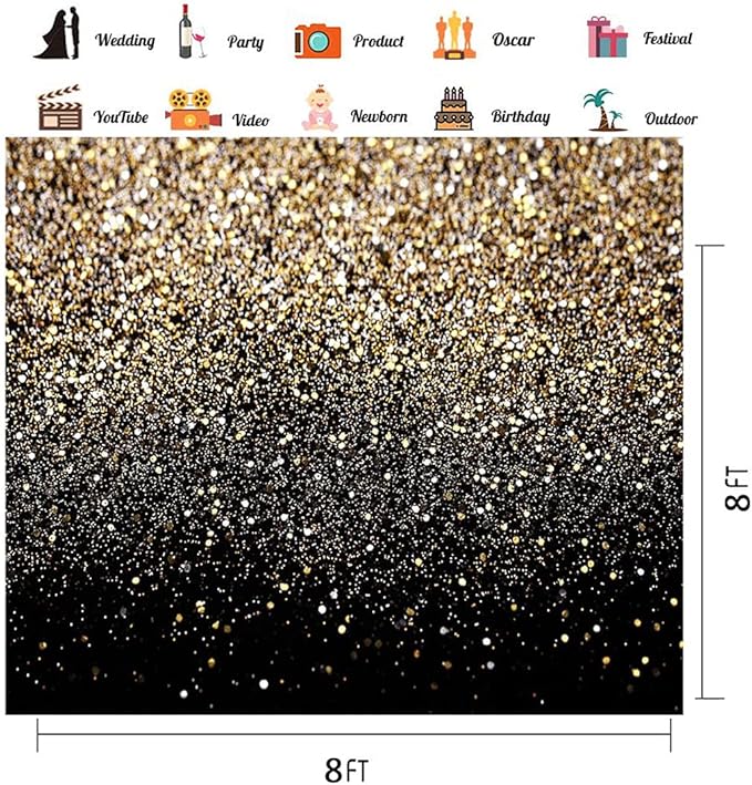 CHAIYA 8X8ft 2026 New Year Backdrop Black and Gold Backdrop Golden Spots Backdrop Vintage Astract Background for Family Birthday Party Baner New Year Background