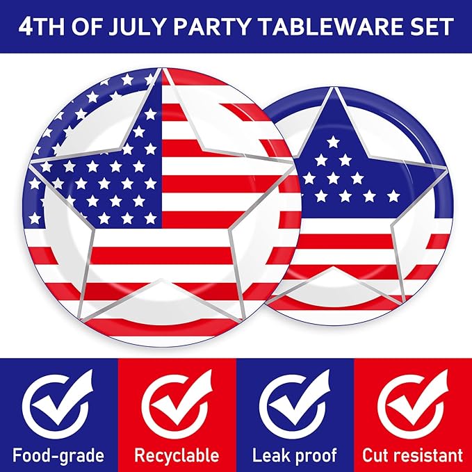 96 Pcs 4th of July Party Plates Napkins Tableware Set American Flag Supplies Disposable Dinnerware Patriotic Freedom Stars Party Decoration Favors for Independence Veterans Day Memorial Day, 24 Guest