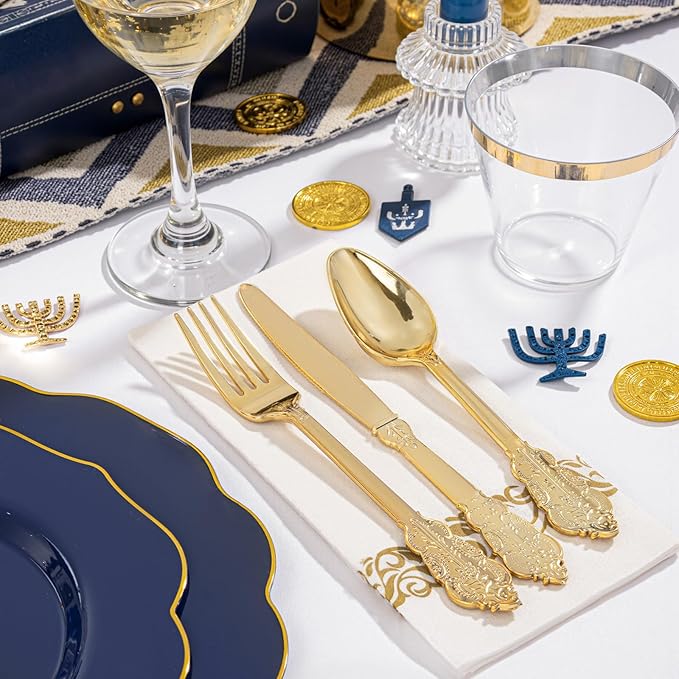 NOCCUR 175PCS Blue Plastic Plates with Disposable Silverware - Include 50 Blue Disposable Plates with Gold Rim,75 Gold Cutlery,25 Cups,25Napkins for Party/Wedding/Passover