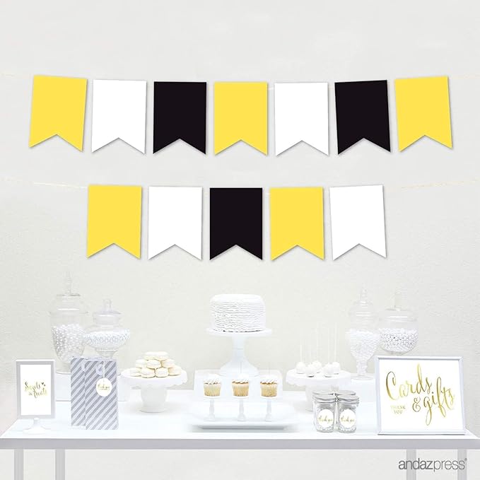 Andaz Press Hanging Pennant Banner with String, Yellow, Black, White, 1-Set, 24 Pennants, Approx. 12-Feet Long, Bumblebee Bee Baby Shower Theme Colored Supplies