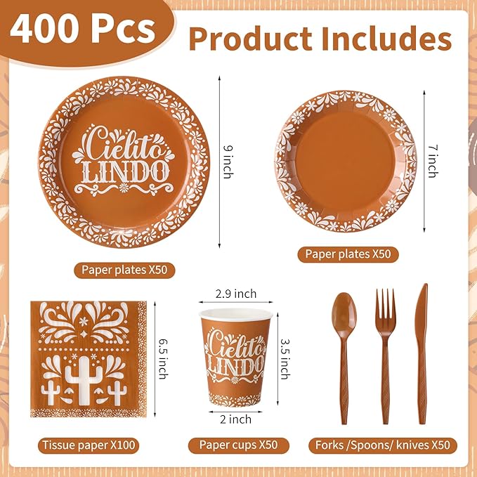 400 Pcs Cielito Lindo Party Decorations for 50, Platos De Barro Mexicanos Paper Plates Napkins and Cups Cutlery Mexican Disposable Tableware Set for Baby Shower Birthday Party Supplies